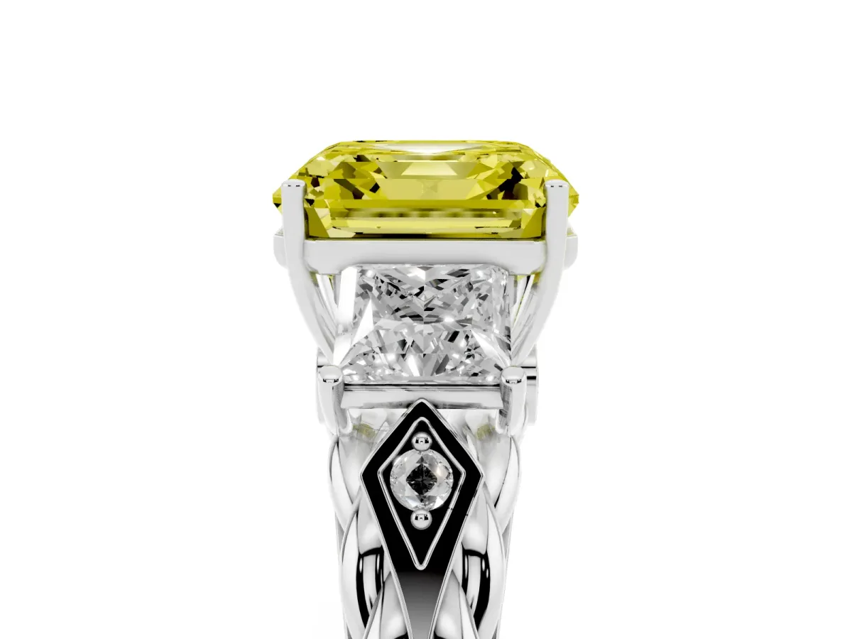 Fancy Yellow Three-Stone Asscher Cut Diamond Braided Band Ring with Four-Prong Setting Silver