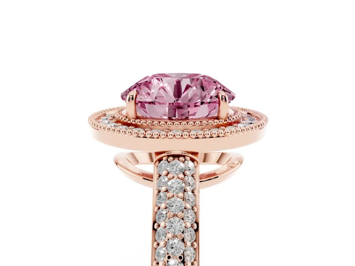 Fancy Pink Round Cut Cut Halo Diamond Pave Band with Four-Prong Setting Rose gold