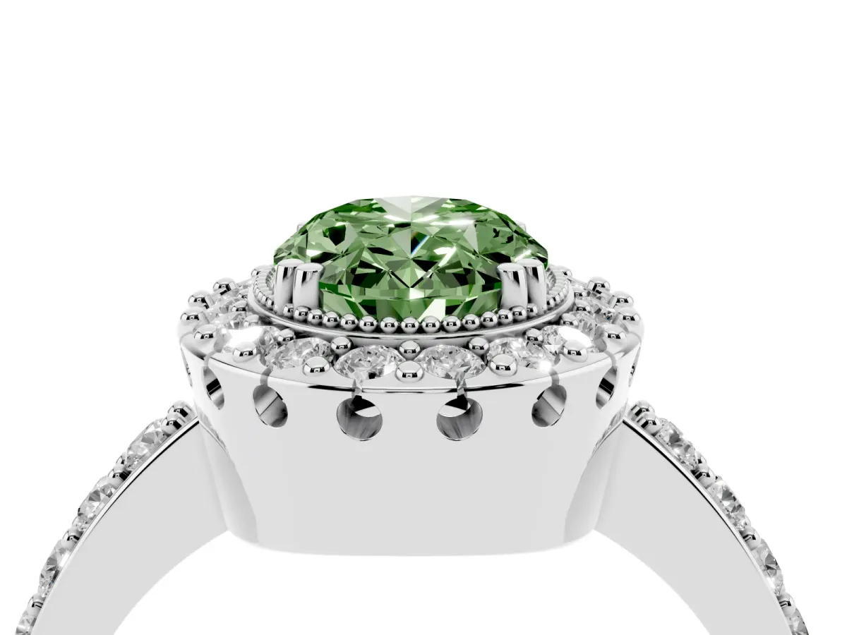 Fancy Green Oval Cut Diamond Halo Ring with Pavé Band and Prong Setting Silver
