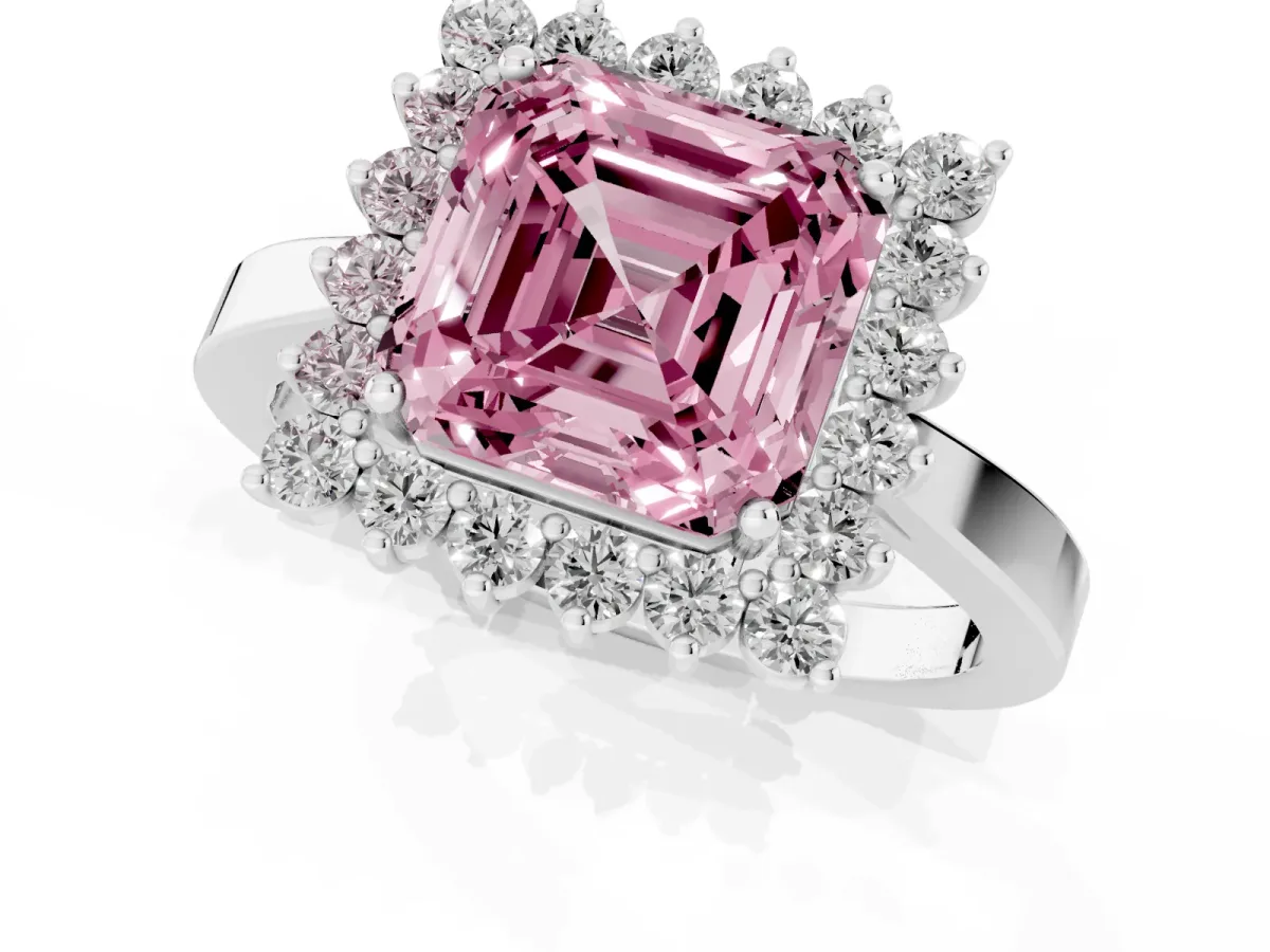 Fancy Pink Asscher Cut Cut Diamond Halo Ring with Round Brilliant Halo and Solitaire Band Platinum