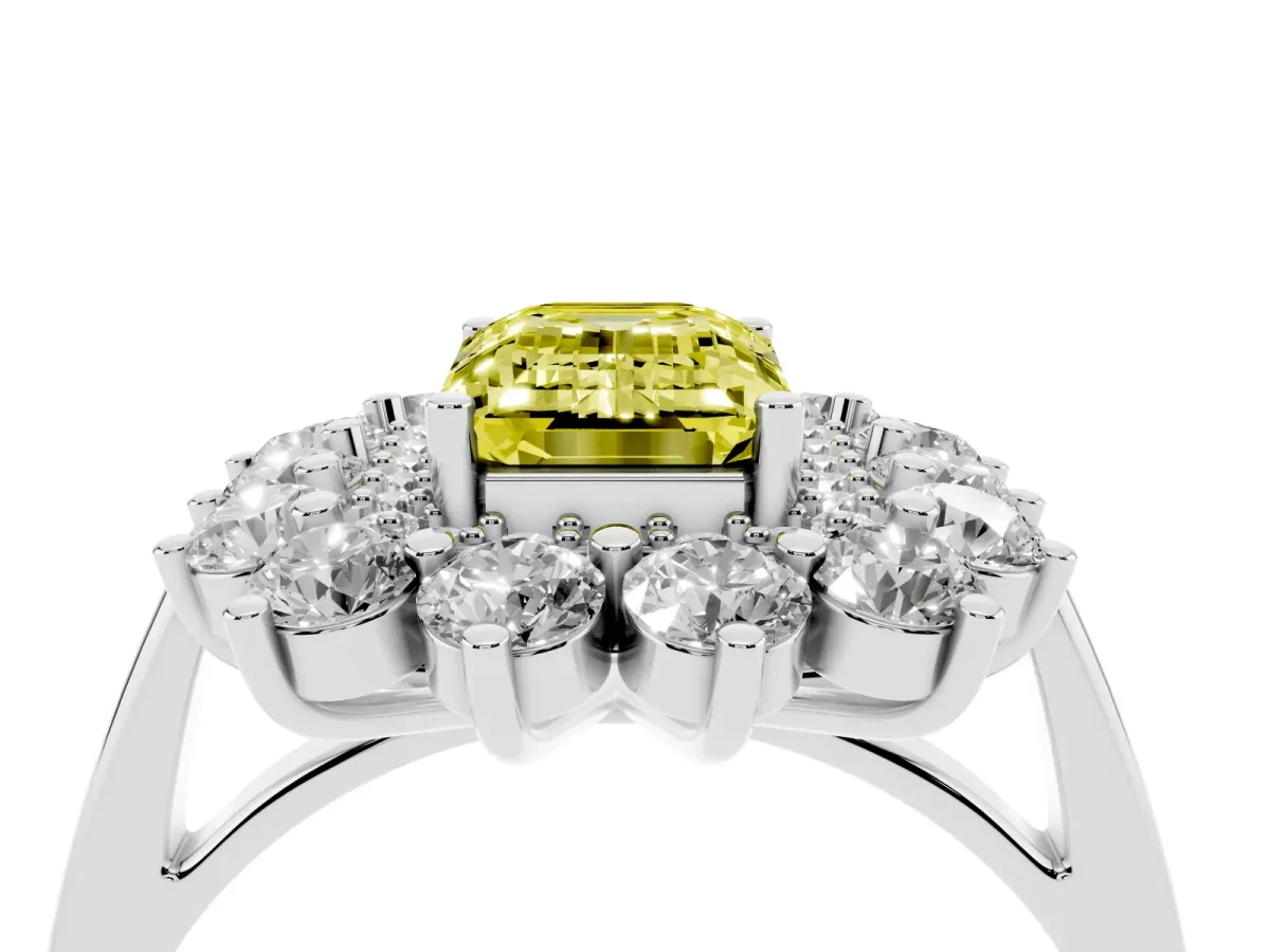 Fancy Yellow Emerald Cut Diamond Floral Double Halo Engagement Ring with Prong Setting Silver