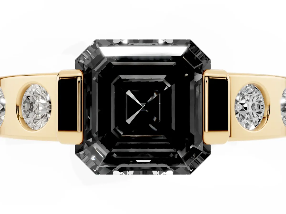 Fancy Black Asscher Cut Brilliant Channel-Set Diamond Ring with Bezel Prong Setting Yellow gold