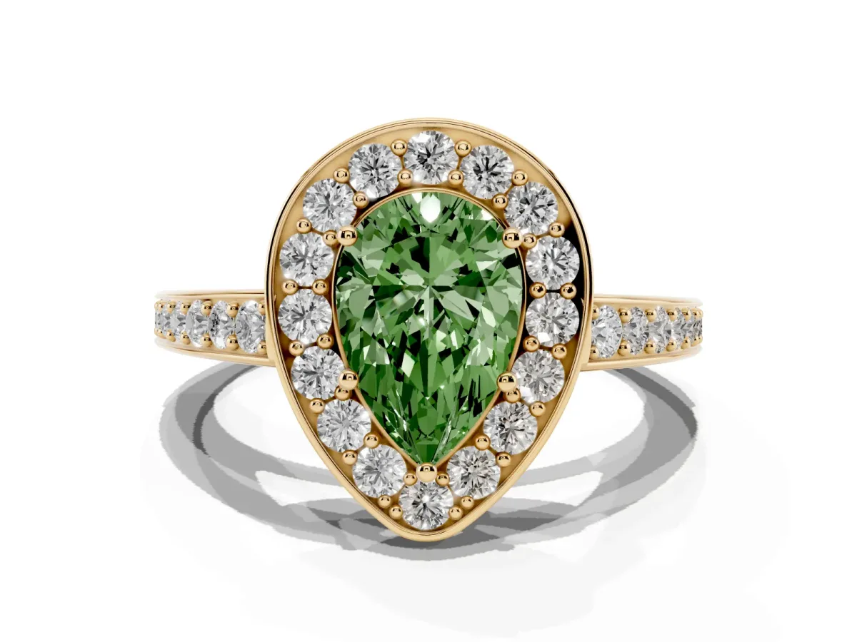 Fancy Green Pear Cut Halo Pavé Diamond Engagement Ring with Bezel Setting Yellow gold