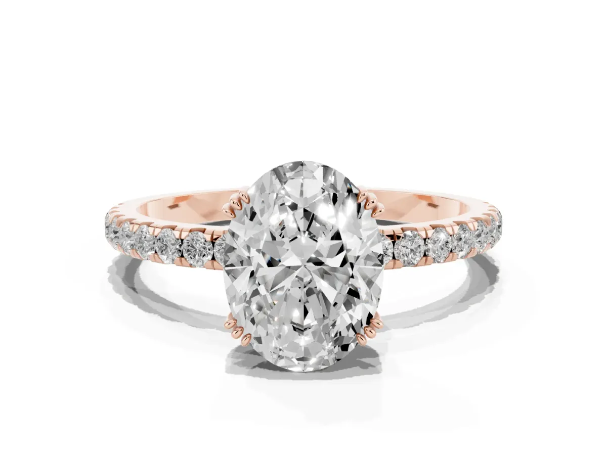Oval Cut Brilliant Solitaire with Pavé Band and Claw Prong Setting Rose gold