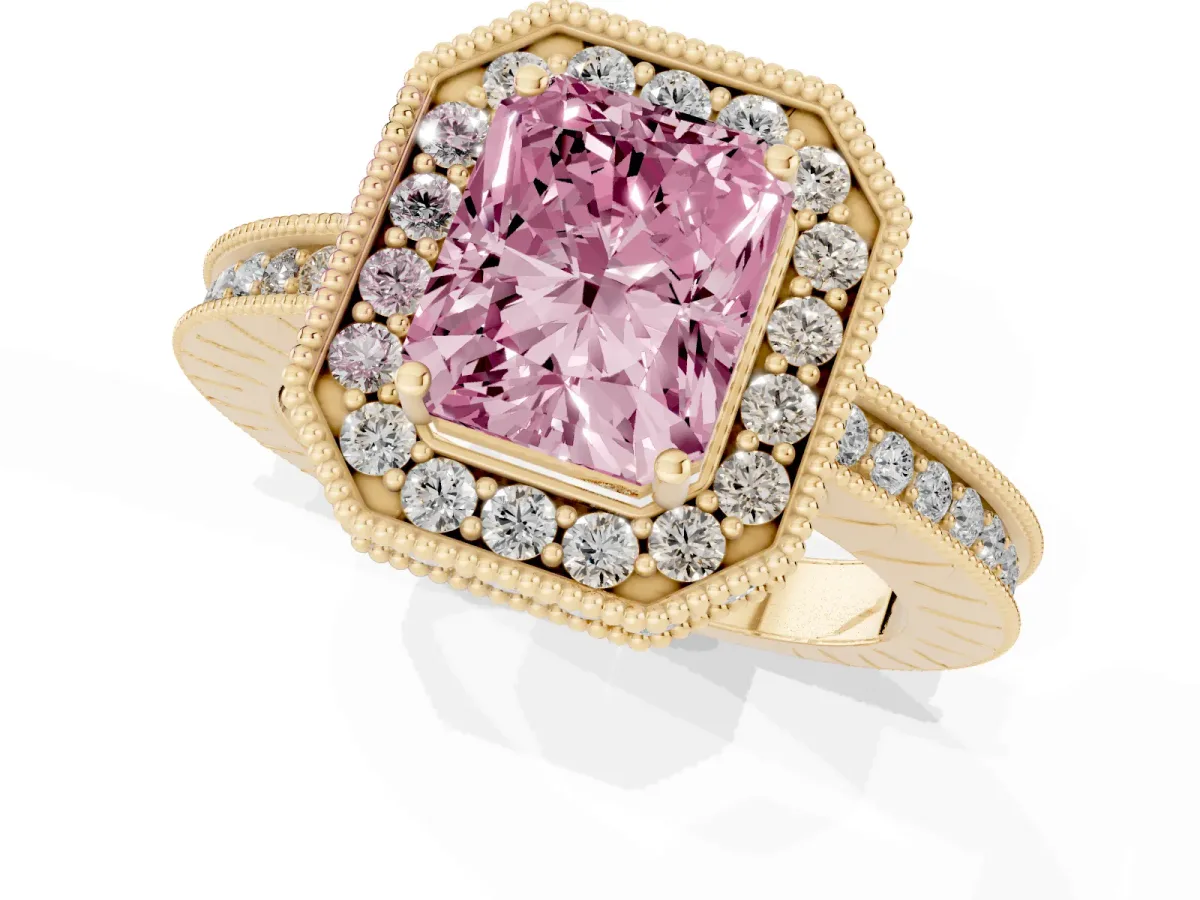 Fancy Pink Radiant Cut Diamond Milgrain Halo Engagement Ring with Round Pavé Band and Prong Setting Yellow gold