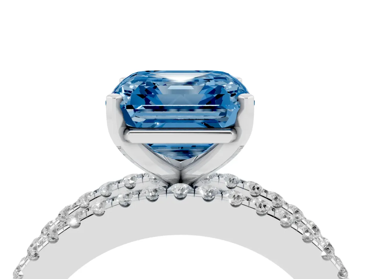 Fancy Blue Asscher Cut Diamond Solitaire Ring with Pavé and Channel Set Band Silver