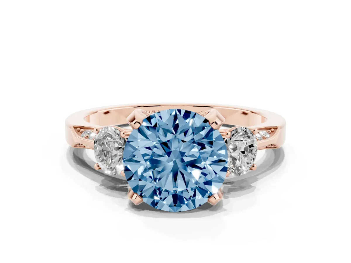 Fancy Blue Round Cut Brilliant Three-Stone Diamond Ring with Pavé Band and Four-Prong Setting Rose gold