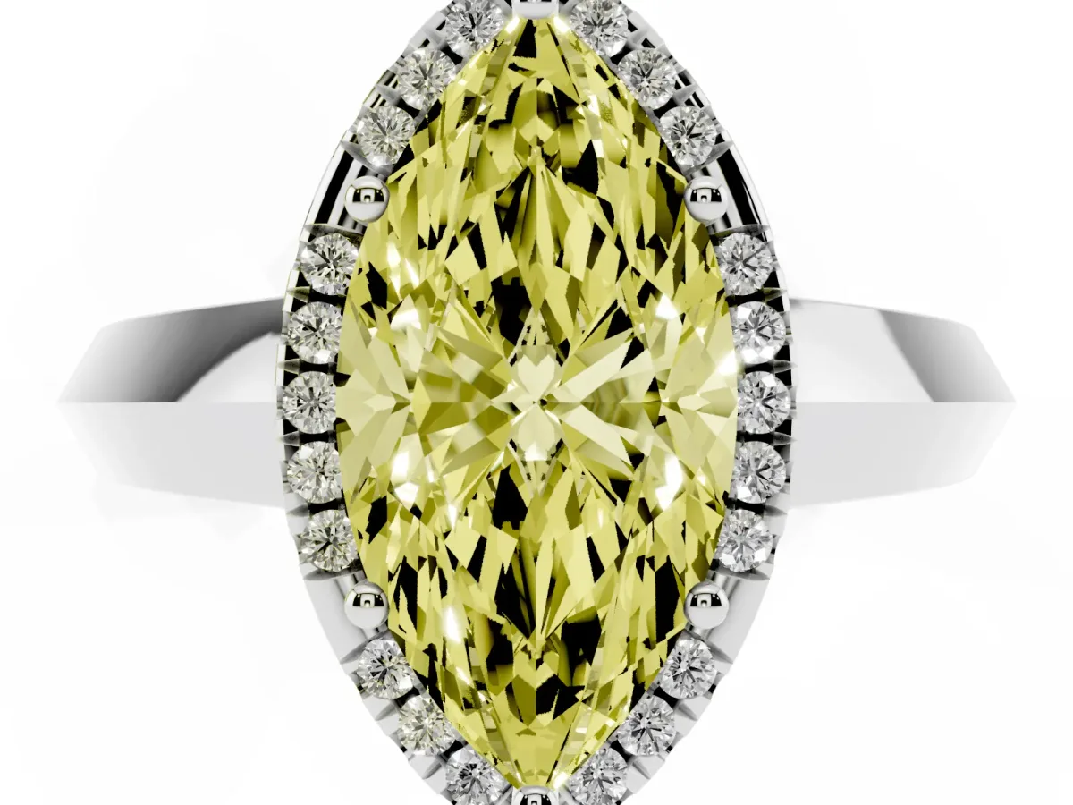 Fancy Yellow Marquise Cut Halo Diamond Ring with Cathedral Band and Four-Prong Setting White gold
