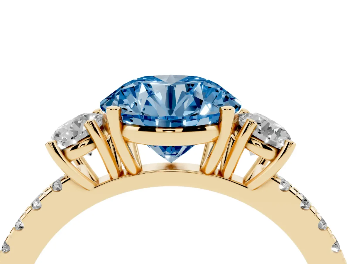 Fancy Blue Three-Stone Round Cut Cut Diamond Pavé Band with Prong Setting Yellow gold