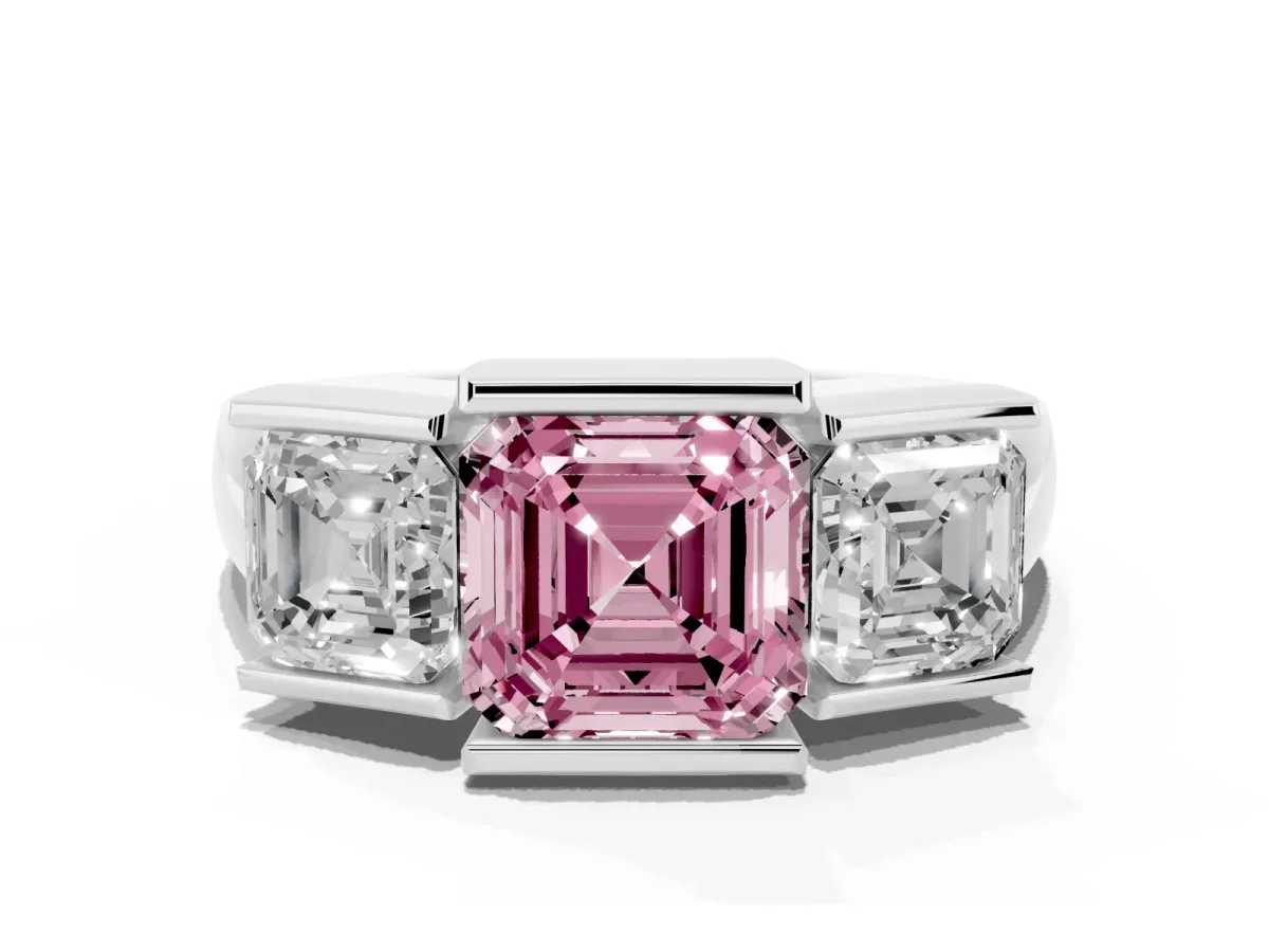Fancy Pink Three Stone Asscher Cut Cut Channel Set Diamond Ring Platinum