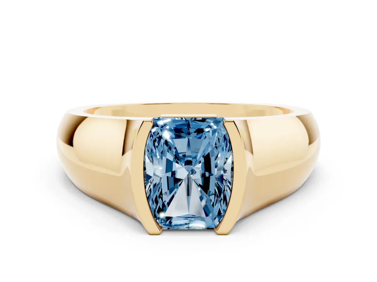 Fancy Blue Radiant Cut Solitaire Bezel Set Diamond Ring with Wide Band Yellow gold
