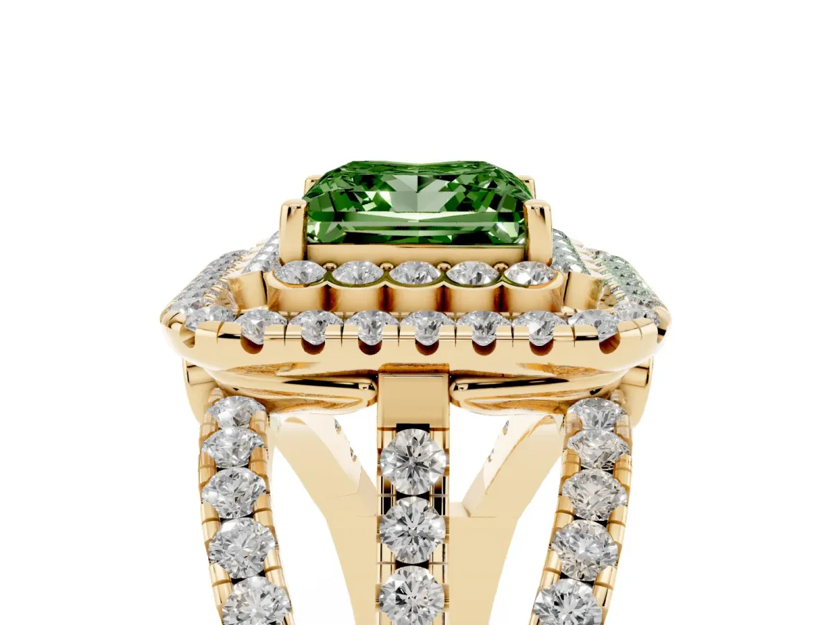 Fancy Green Princess Cut Diamond Double Halo Ring with Round Pavé Split Shank and Prong Setting Yellow gold