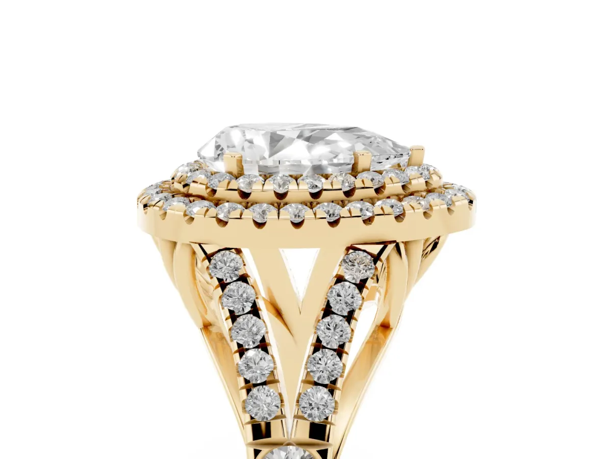 Double Halo Pear Cut Diamond Split Shank Engagement Ring with Four-Prong Setting Yellow gold