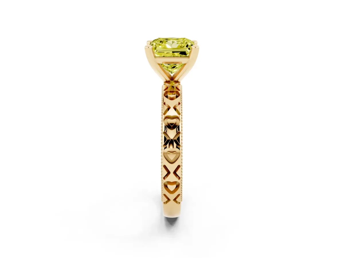 Fancy Yellow Princess Cut Solitaire Diamond Engagement Ring with XO Engraved Band and Four-Prong Setting Yellow gold