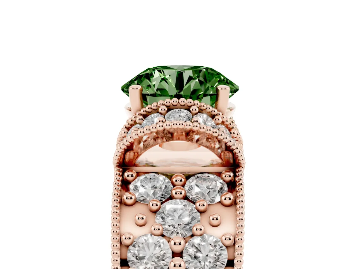 Fancy Green Round Cut Halo Pave Diamond Engagement Ring with Milgrain Detailing Rose gold
