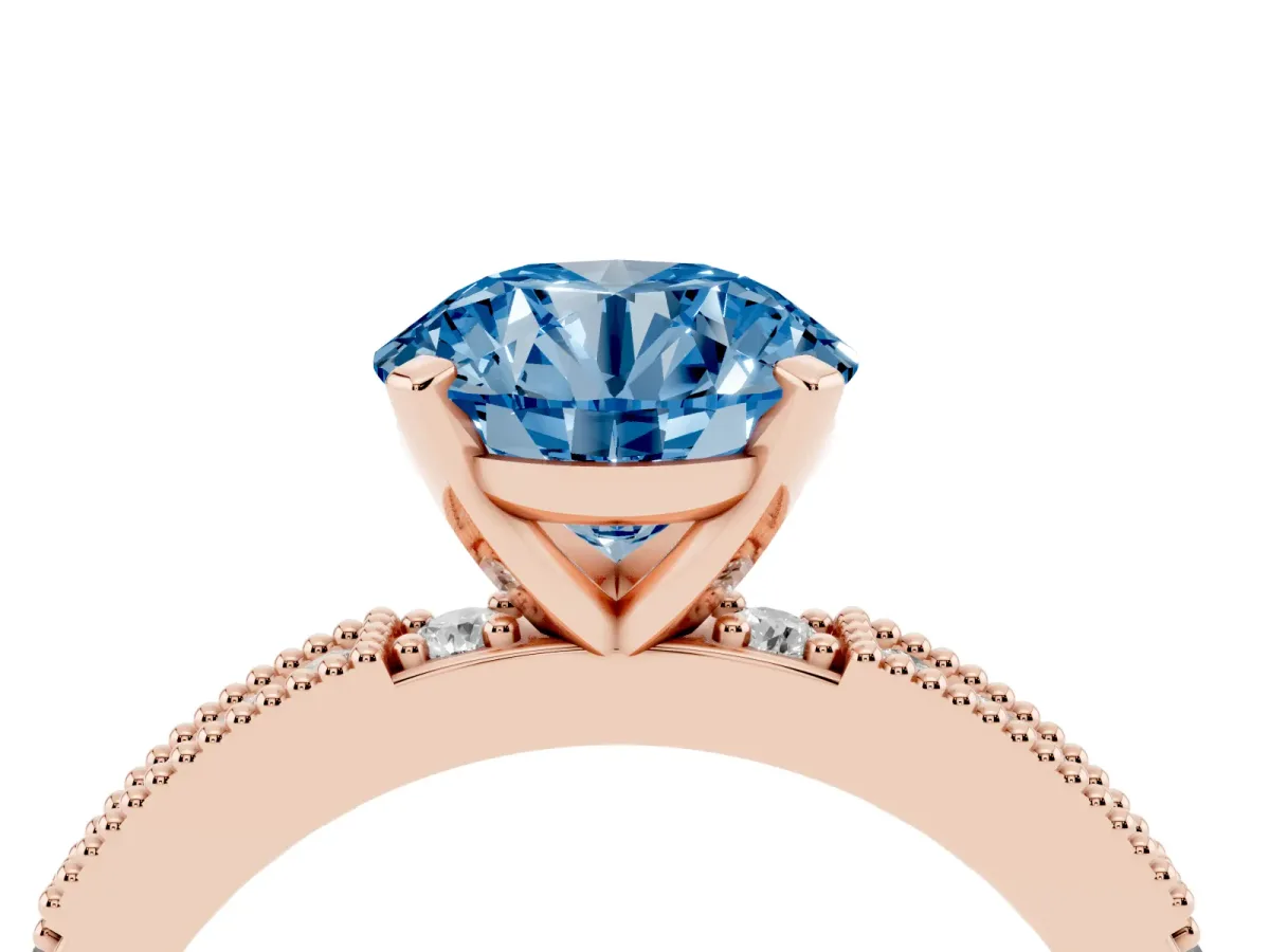 Fancy Blue Round Cut Solitaire with Pavé Band and Four-Prong Setting Rose gold