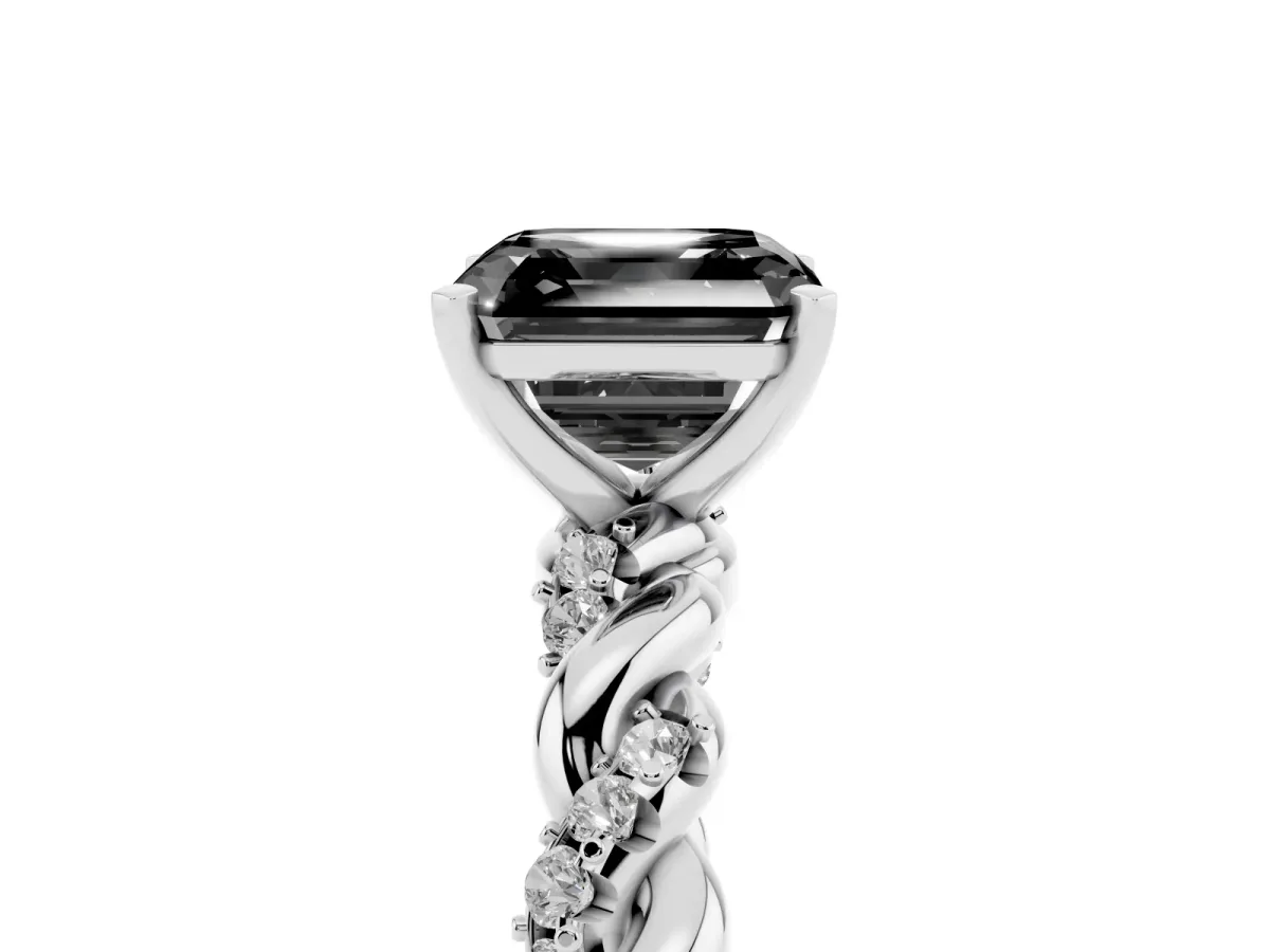 Fancy Black Asscher Cut Diamond Solitaire Ring with Twisted Band and Pavé Accents Silver