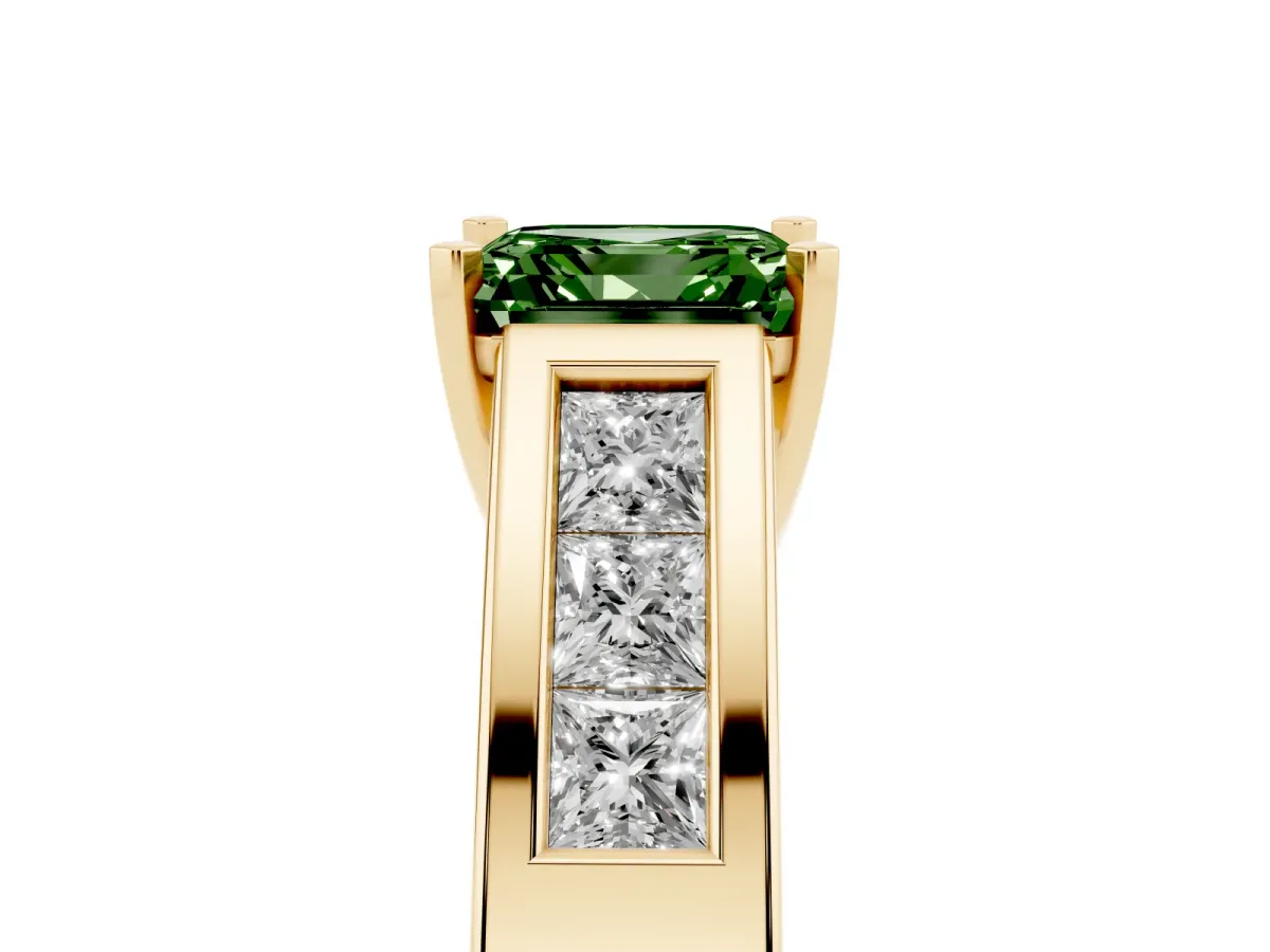 Fancy Green Asscher Cut Cut Channel Set Solitaire Ring with Four-Prong Setting Yellow gold