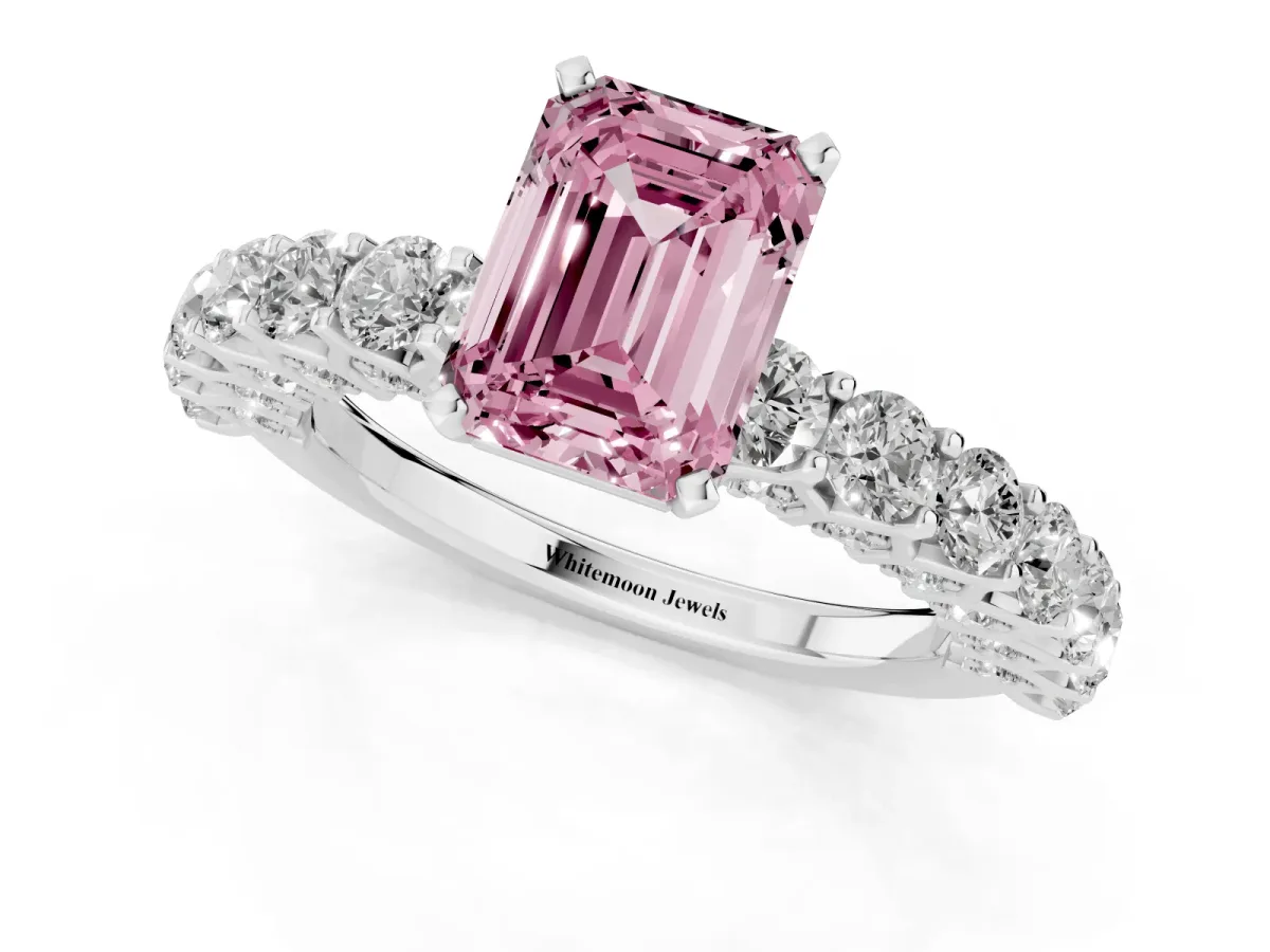 Fancy Pink Emerald Cut Diamond Solitaire Ring with Shared Prong Pavé Band and Four-Prong Setting Silver