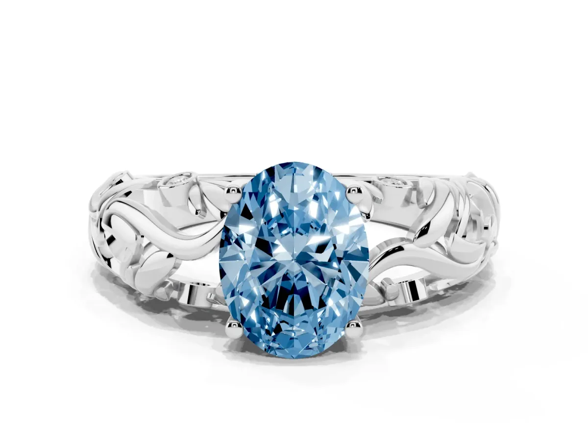 Fancy Blue Oval Cut Solitaire Diamond Leaf-Inspired Vine Band Ring with Prong Setting Platinum