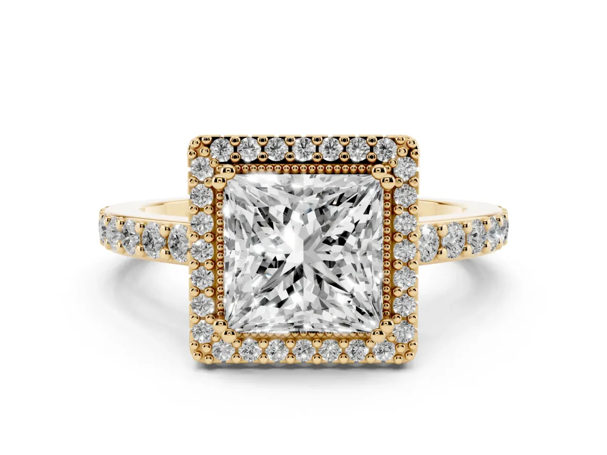 Princess Cut Cut Diamond Halo Engagement Ring with Milgrain Detail and Pavé Band Yellow gold