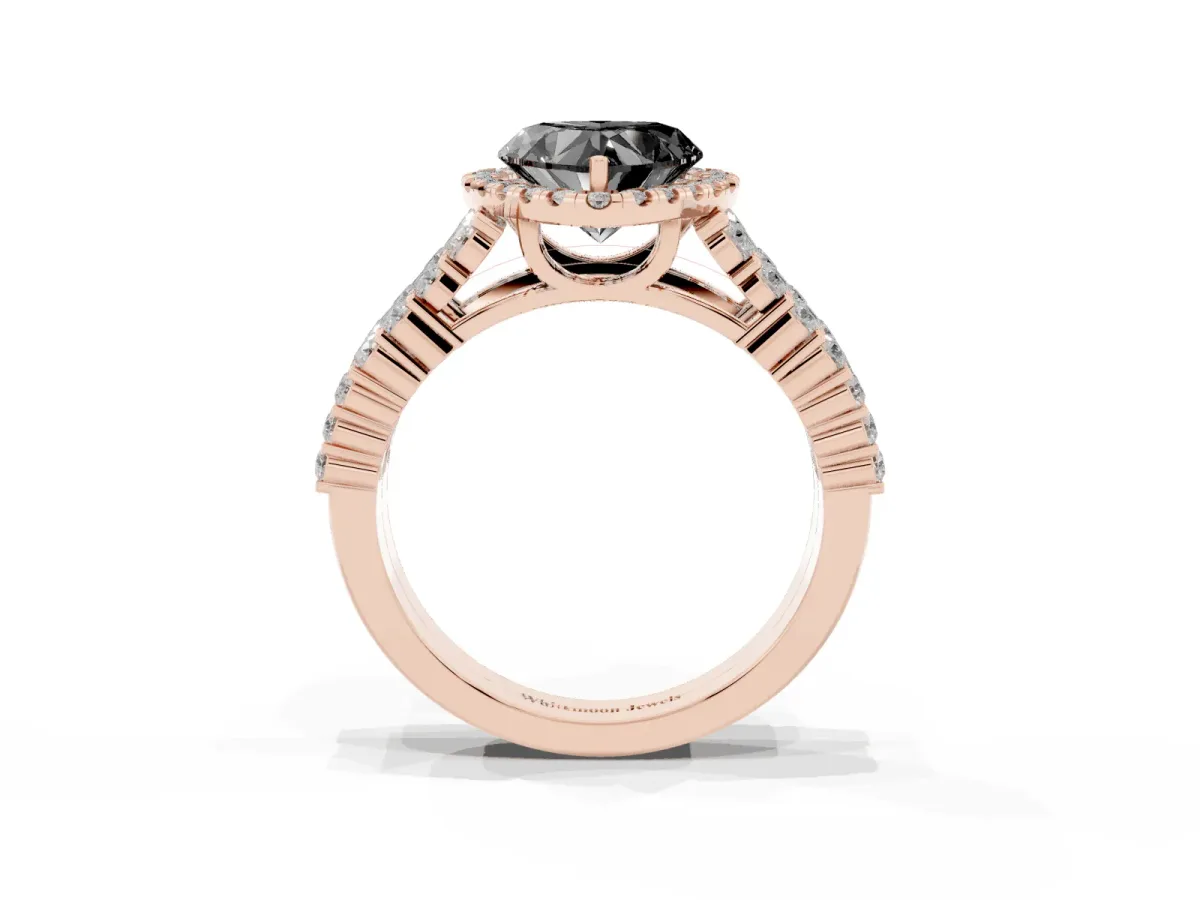 Fancy Black Heart Cut Diamond Halo Engagement Ring with Triple Row Round Pavé Band and Prong Setting Rose gold