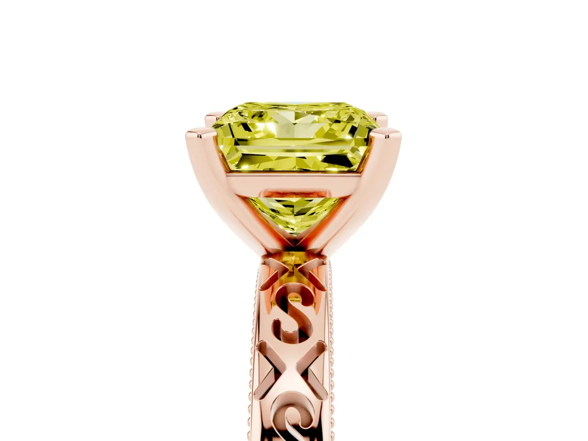 Fancy Yellow Princess Cut Solitaire Engagement Ring with Scrollwork Band and Four-Prong Setting Rose gold