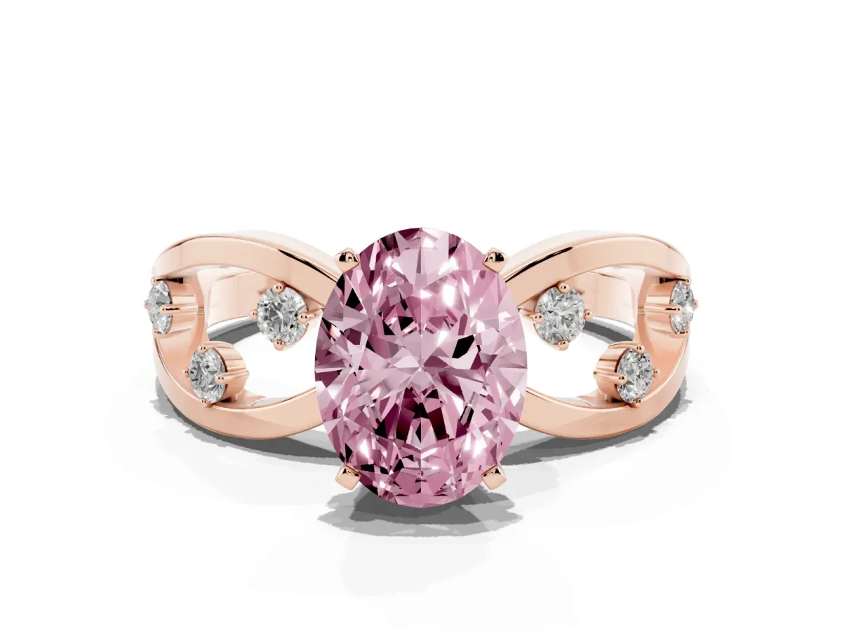 Fancy Pink Oval Cut Cut Solitaire Diamond with Side Stones on Criss-Cross Band and Four-Prong Setting Rose gold
