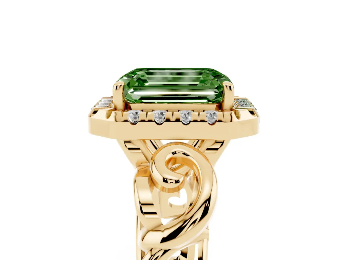 Fancy Green Emerald Cut Cut Halo Diamond Ring with Scrollwork Band and Four-Prong Setting Yellow gold