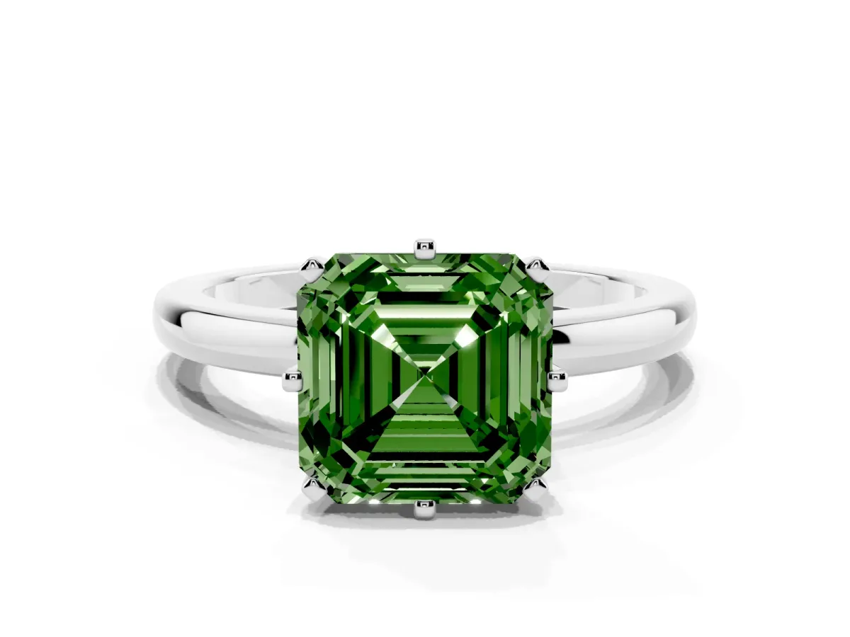 Fancy Green Asscher Cut Solitaire Diamond Ring with Six-Prong Setting on a Classic Band Silver