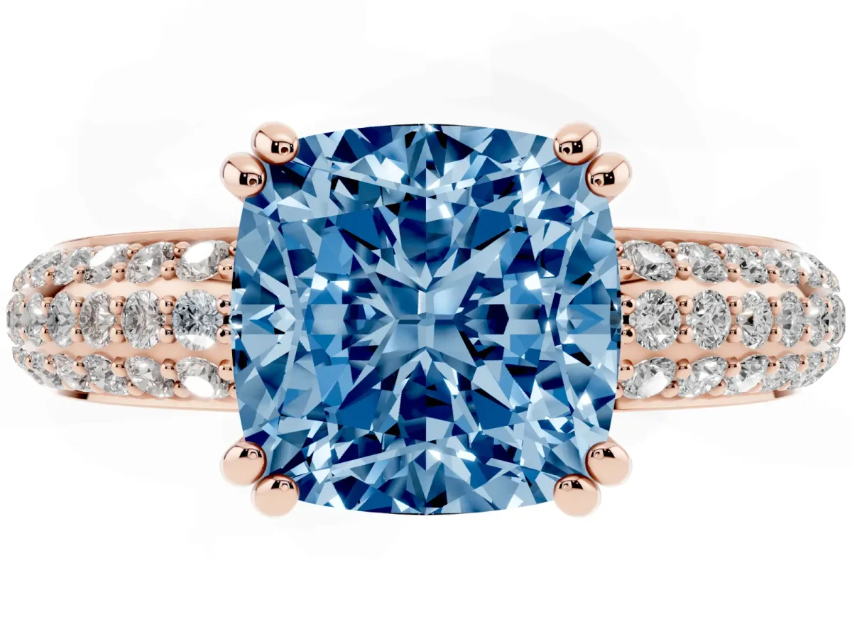Fancy Blue Cushion Cut Diamond Solitaire Ring with Multi-Row Round Pavé Band and Prong Setting Rose gold