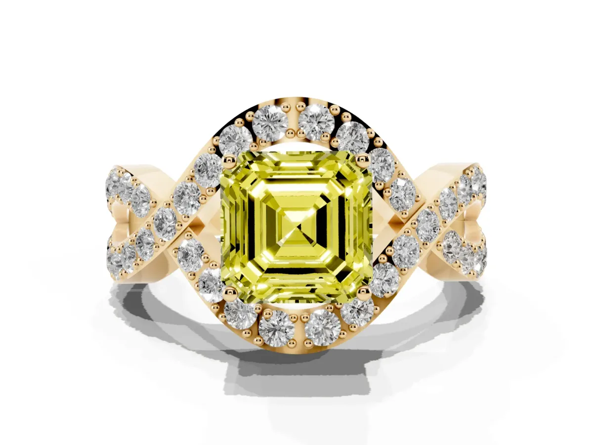 Fancy Yellow Asscher Cut Solitaire Twist Band Pavé Diamond Engagement Ring Yellow gold