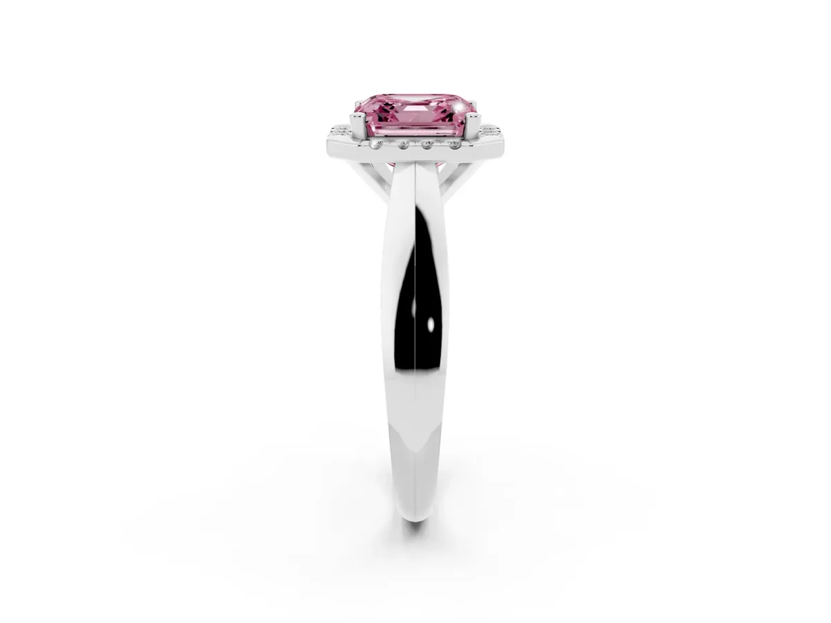 Fancy Pink Asscher Cut Cut Halo Solitaire Engagement Ring with Square Band and Four-Prong Setting Platinum