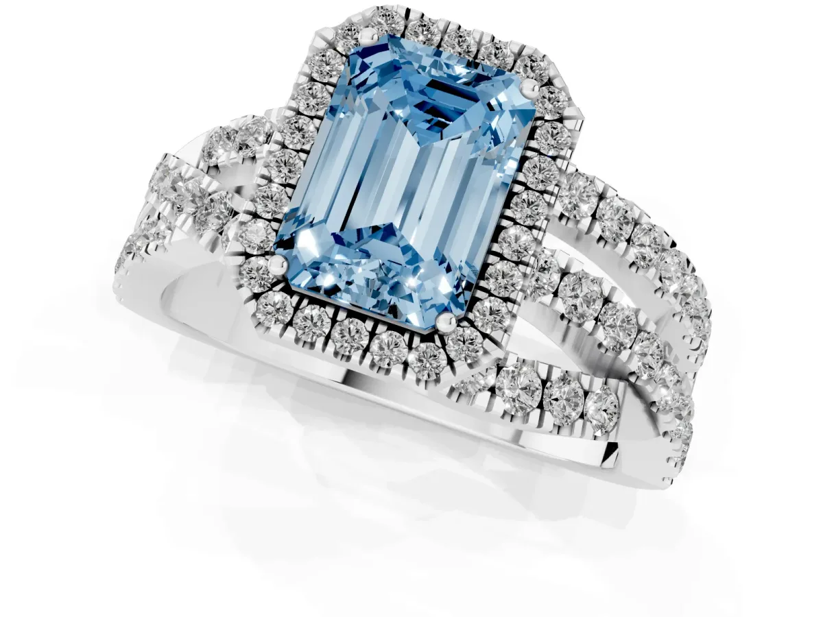 Fancy Blue Emerald Cut Diamond Halo Ring with Round Split Shank and Prong Setting Platinum