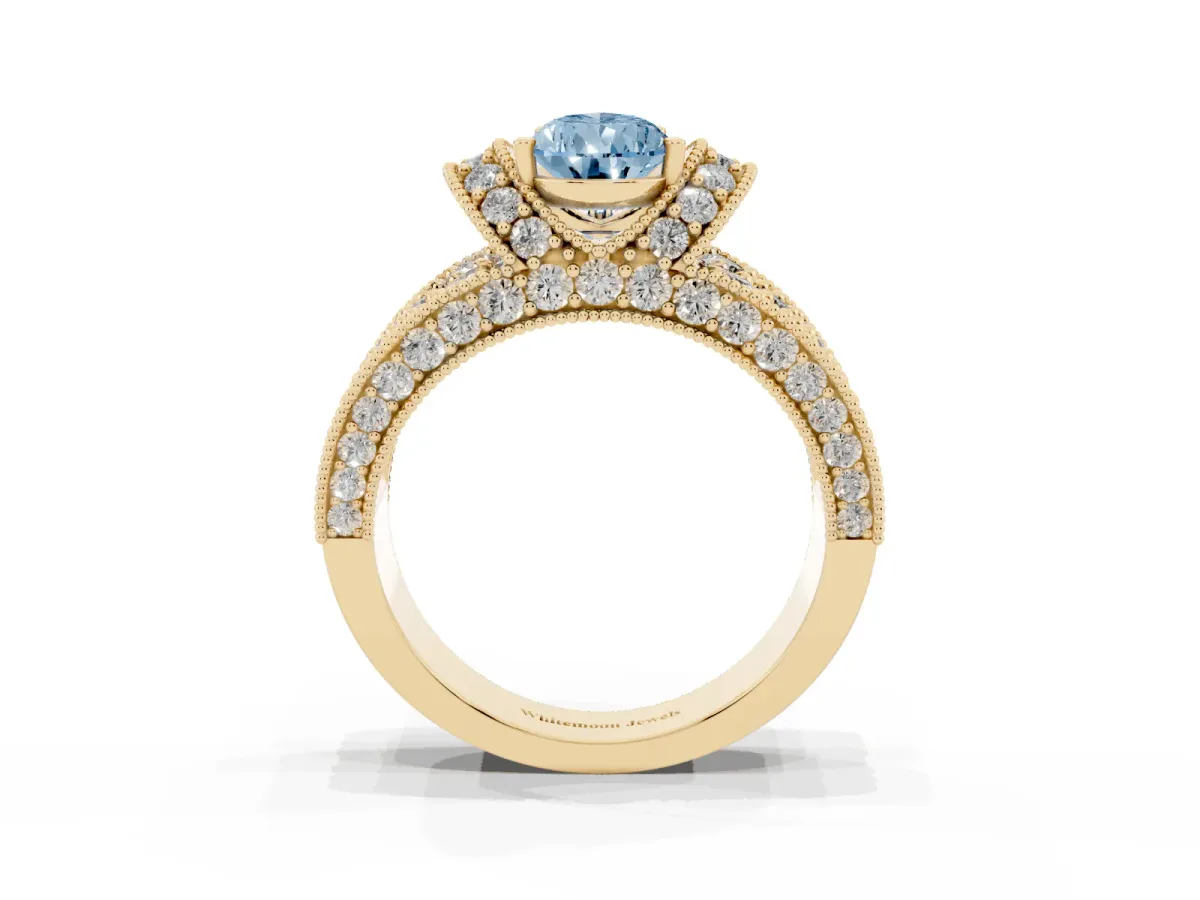 Fancy Blue Pear Cut Halo Pave Diamond Engagement Ring with Milgrain Detailing Yellow gold
