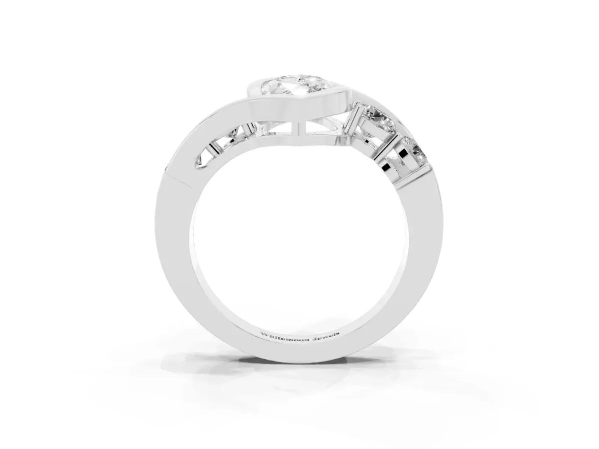 Bezel Set Marquise Cut Diamond Bypass Ring with Round Accents Silver
