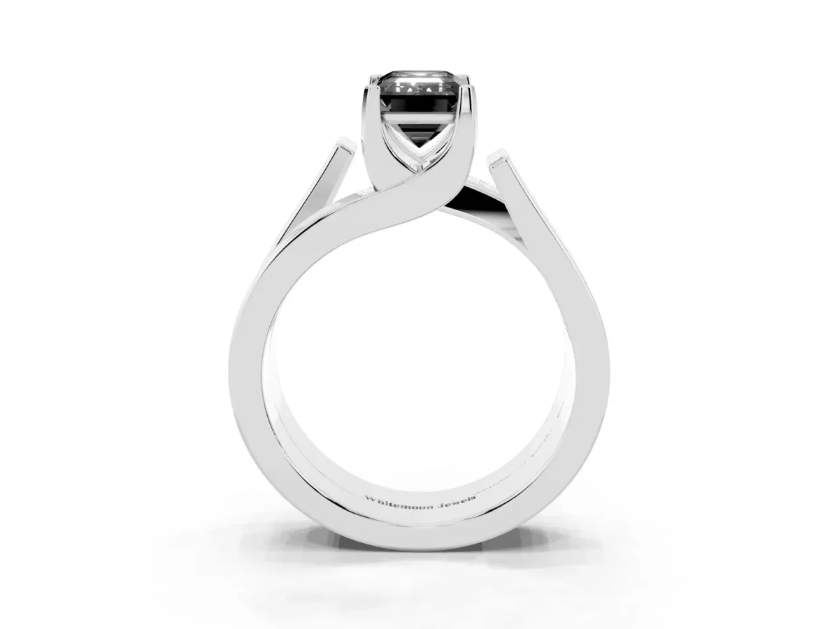 Fancy Black Modern Tension Set Emerald Cut Diamond Solitaire Wide Band Ring Silver