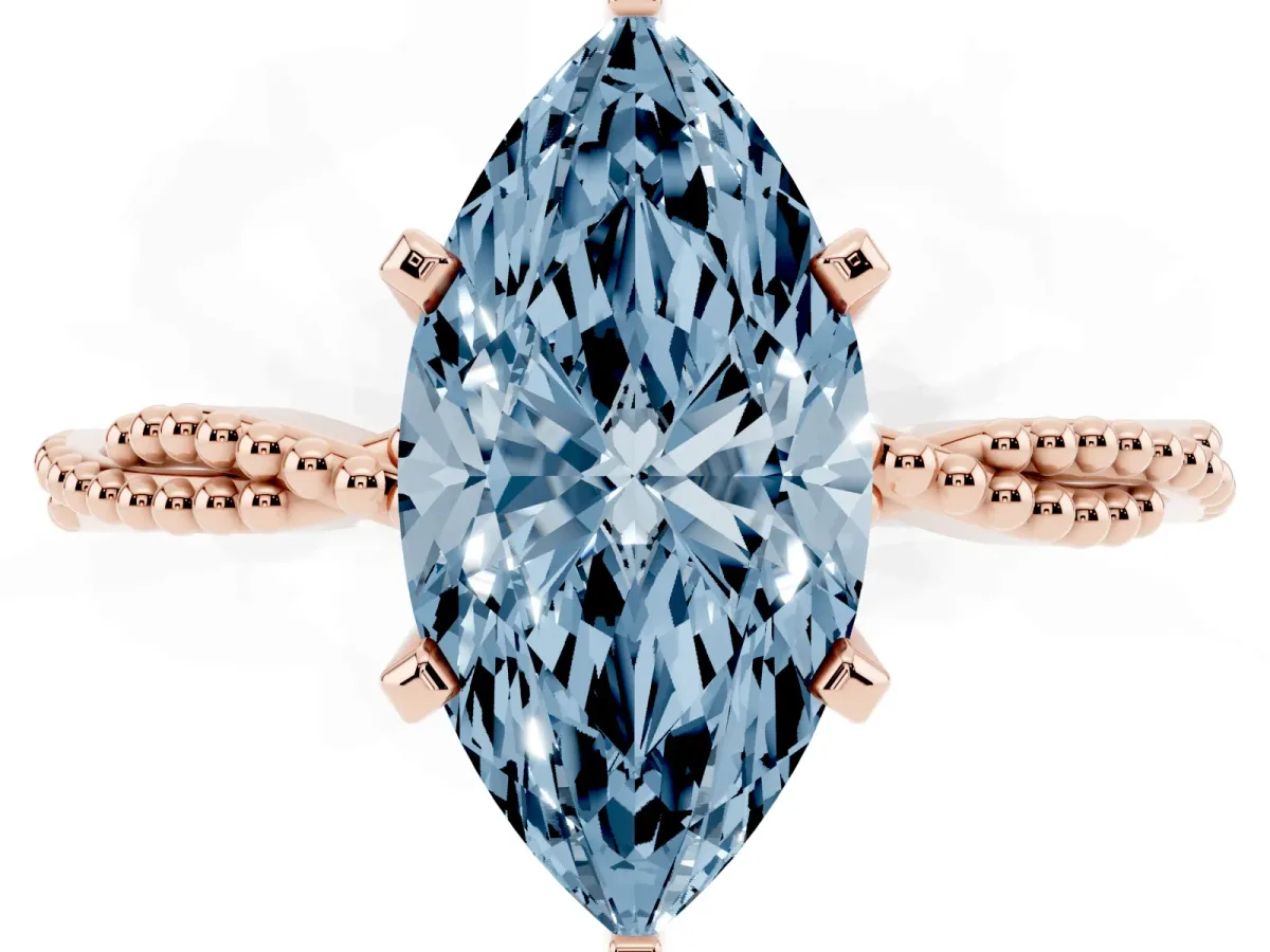Fancy Blue Marquise Cut Solitaire Twisted Band with Bead Prong Setting Rose gold