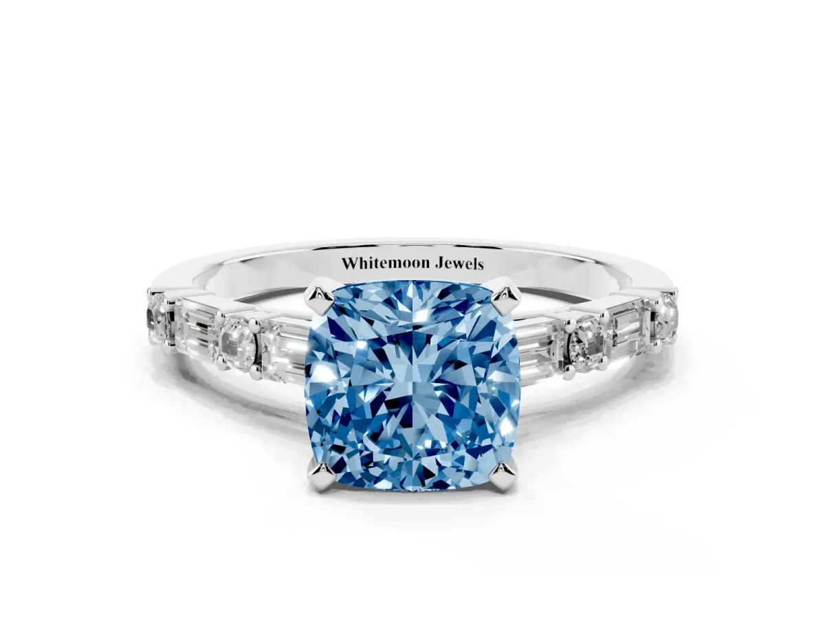 Fancy Blue Cushion Cut Diamond Solitaire with Side Baguettes and Channel Set Band Platinum