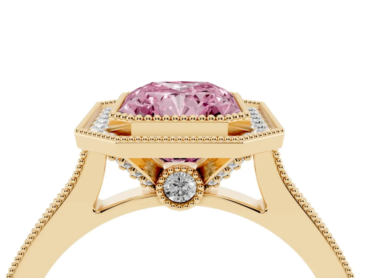 Fancy Pink Halo Radiant Cut-Cut Diamond Pave Band Milgrain Prong Setting Ring Yellow gold