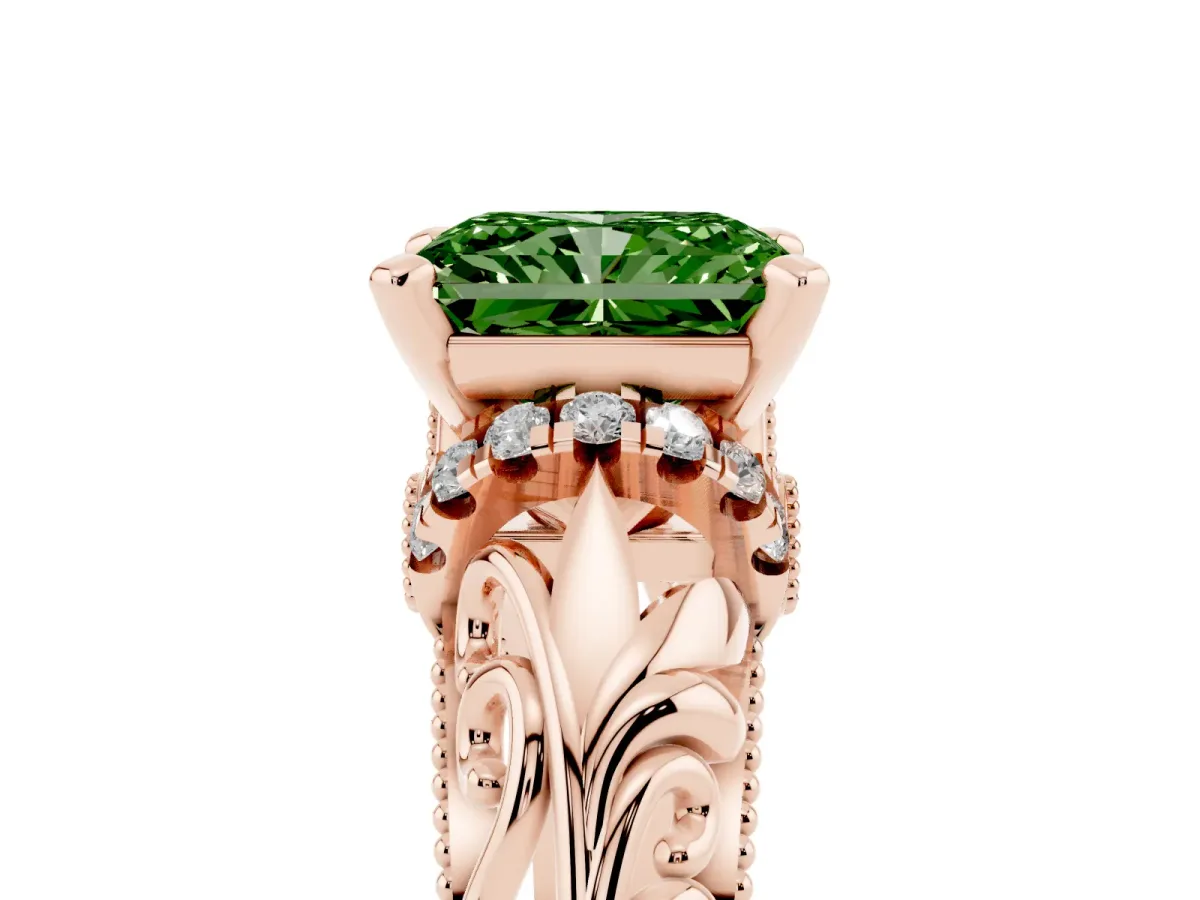 Fancy Green Radiant Cut Solitaire Filigree Engagement Ring with Halo and Prong Setting Rose gold