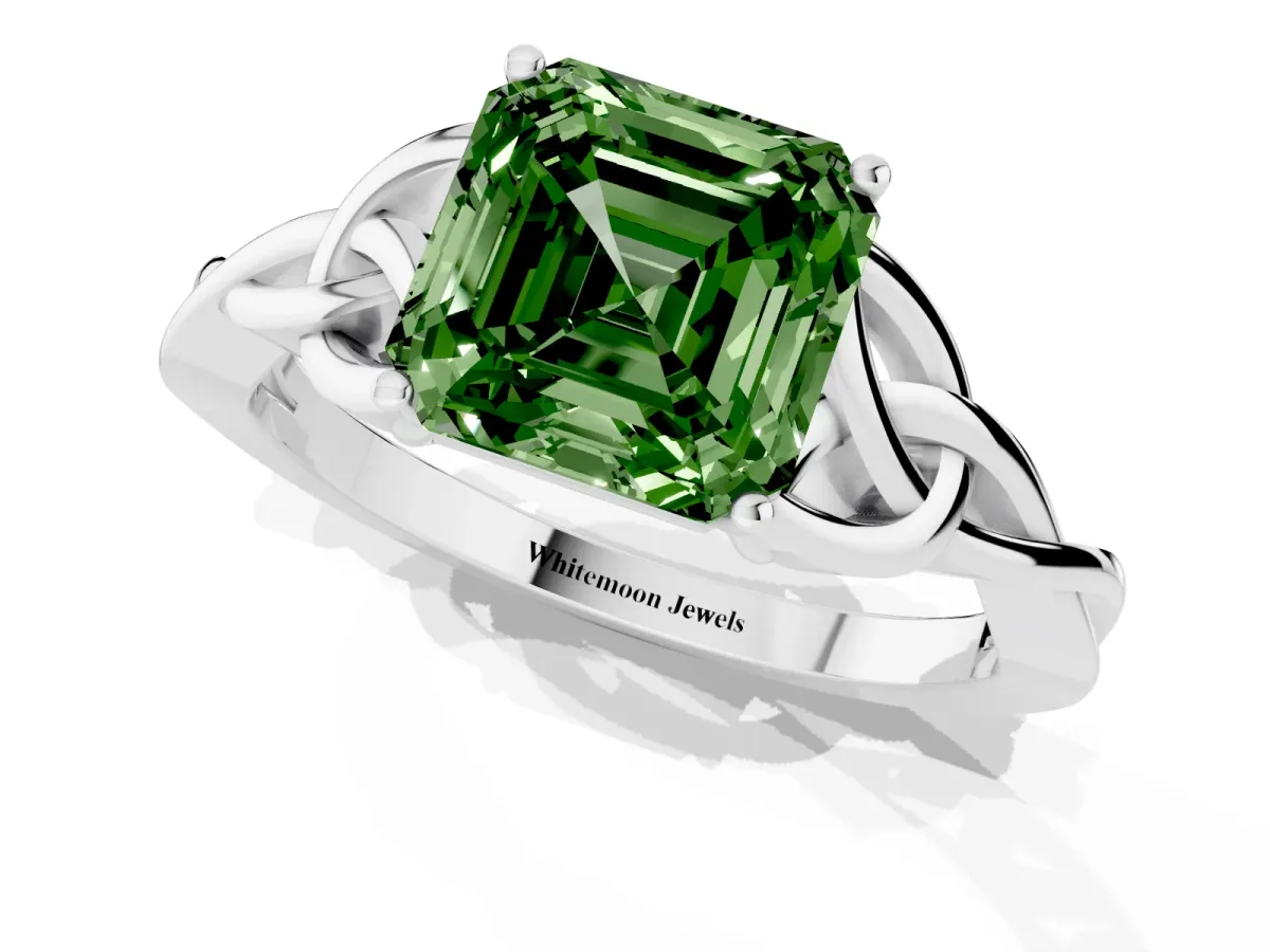 Fancy Green Asscher Cut Diamond Solitaire Engagement Ring with Celtic Knot Band and Four-Prong Setting Platinum
