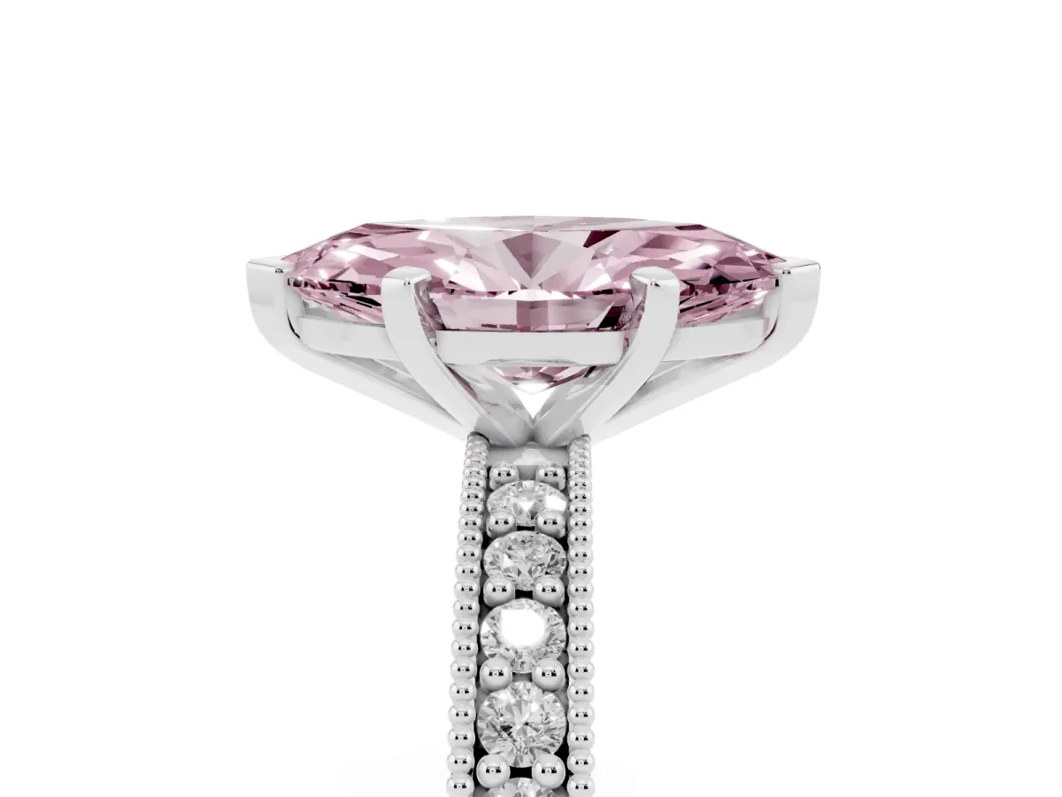 Fancy Pink Marquise Cut Diamond Milgrain Pavé Engagement Ring with Four-Prong Setting Silver