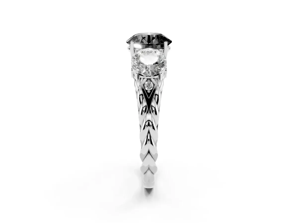 Fancy Black Three-Stone Round Cut Diamond Braided Band Ring with Four-Prong Setting Platinum
