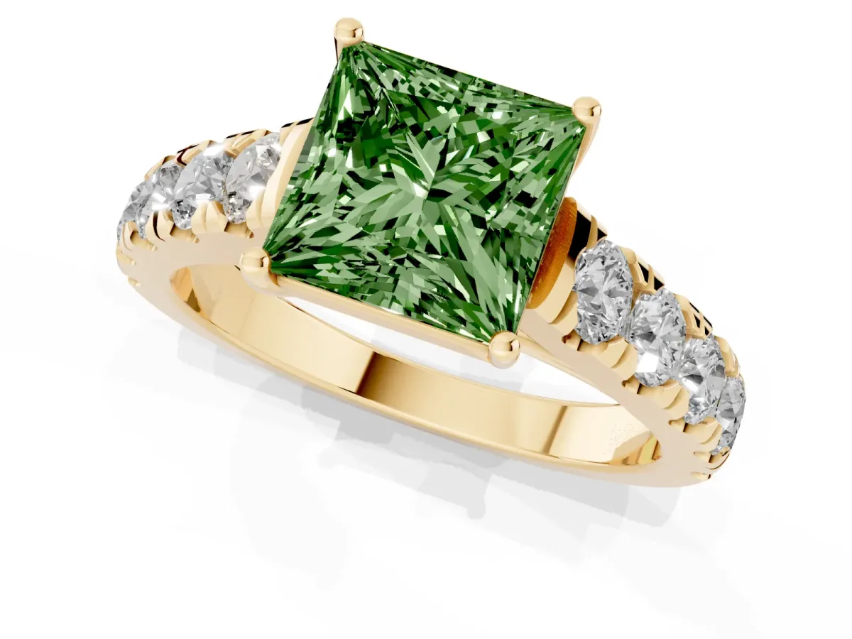Fancy Green Princess Cut Cut Diamond Solitaire Ring with Micro Pave Band and Prong Setting Yellow gold