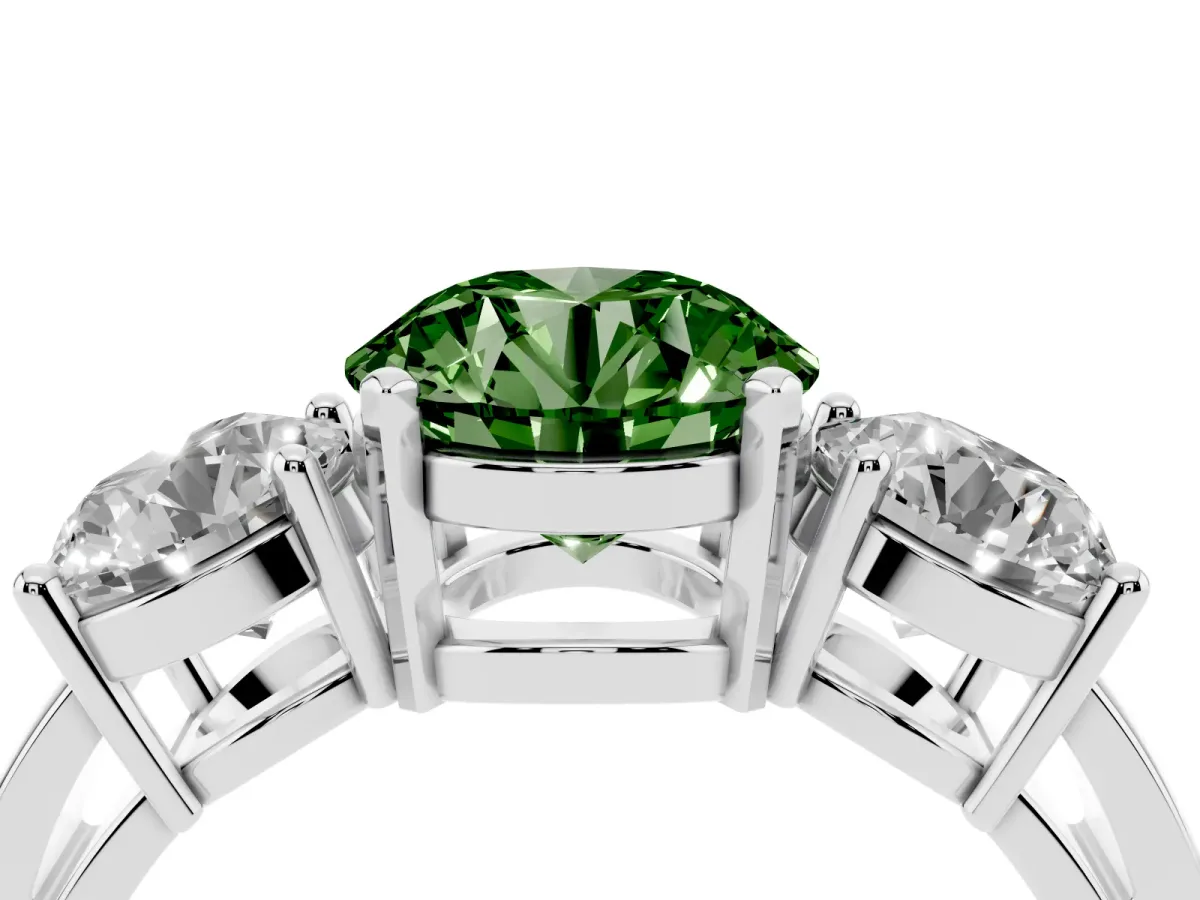 Fancy Green Three-Stone Round Cut Diamond Ring with Round Side Stones, Classic Band, and Four-Prong Setting Silver