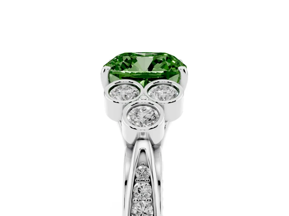 Fancy Green Cushion Cut Cut Diamond Engagement Ring with Bezel Set Round Side Stones and Prong Setting White gold