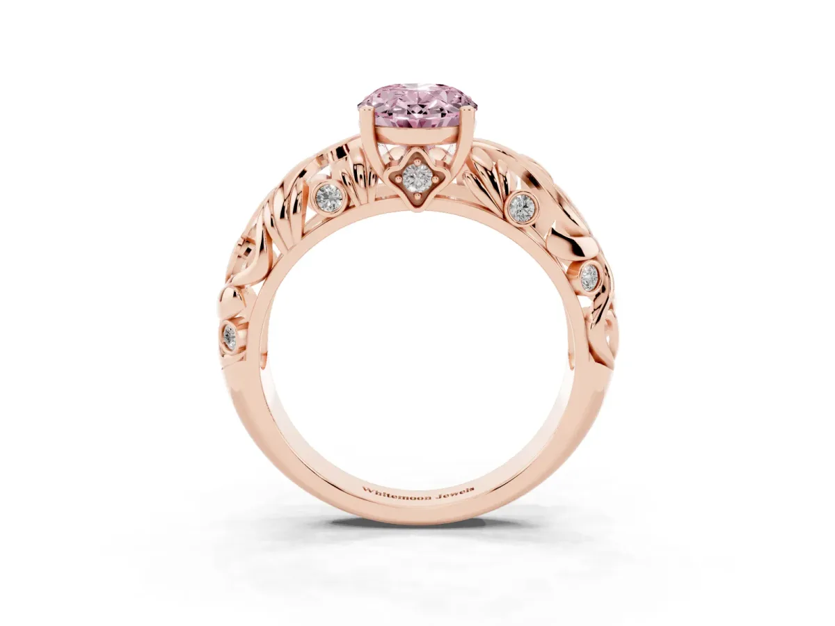 Fancy Pink Oval Cut Solitaire Diamond Leaf-Inspired Vine Band Ring with Prong Setting Rose gold