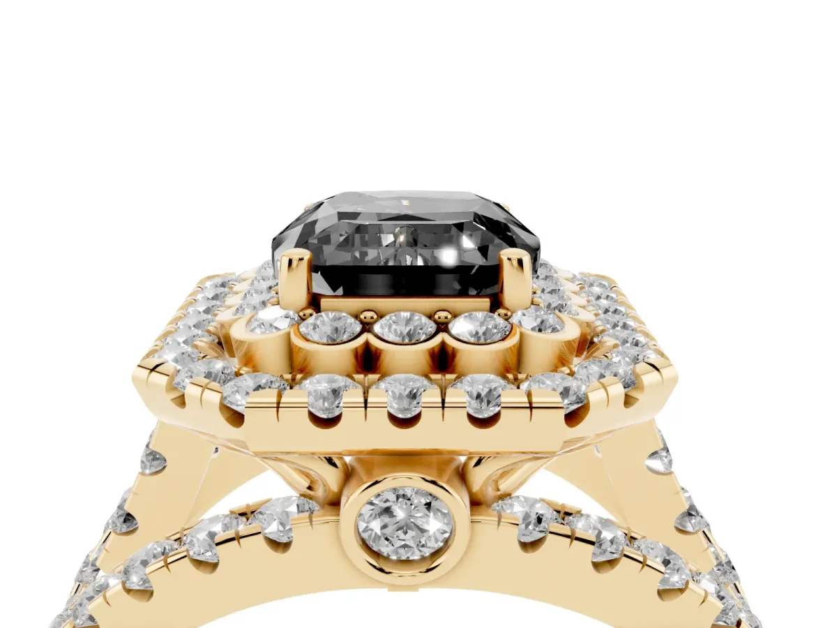 Fancy Black Emerald Cut Diamond Double Halo Ring with Round Pavé Split Shank and Prong Setting Yellow gold