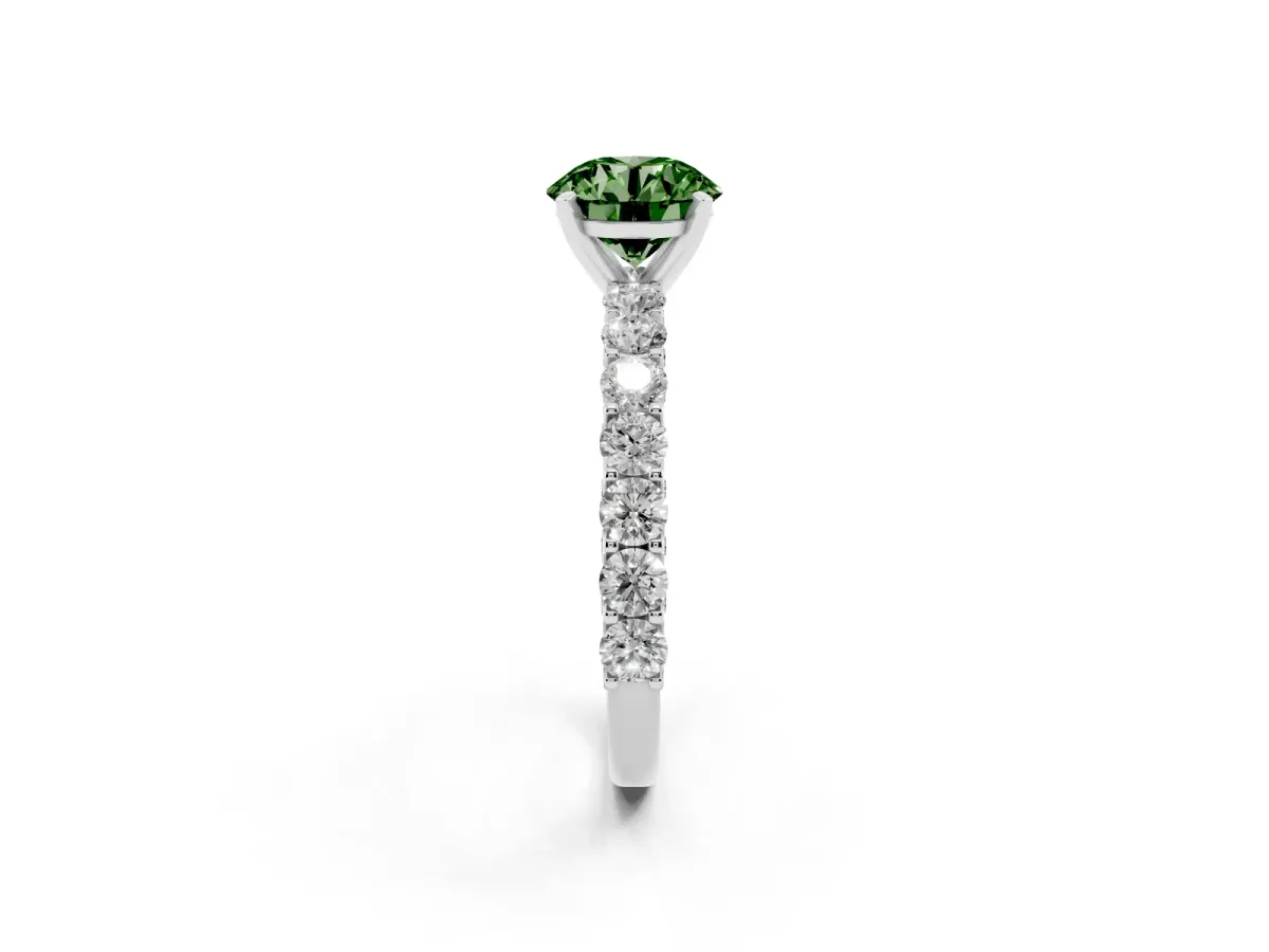 Fancy Green Round Cut Diamond Solitaire Ring with Shared Prong Pavé Band and Four-Prong Setting Silver
